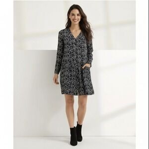Garnet Hill Drop‎ Waist Button Up Dress Women 14 Black White Floral Knee Boho
